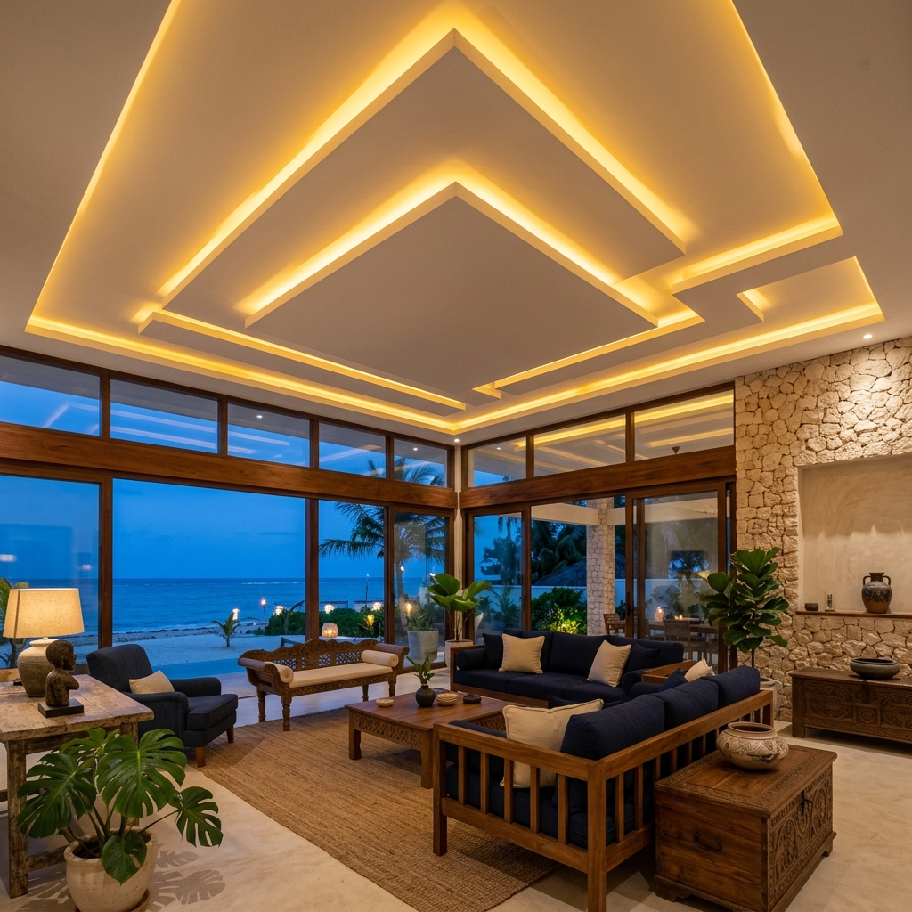Modern gypsum ceiling installation with warm amber LED lighting in a luxury coastal living room in Mpeketoni, Lamu County