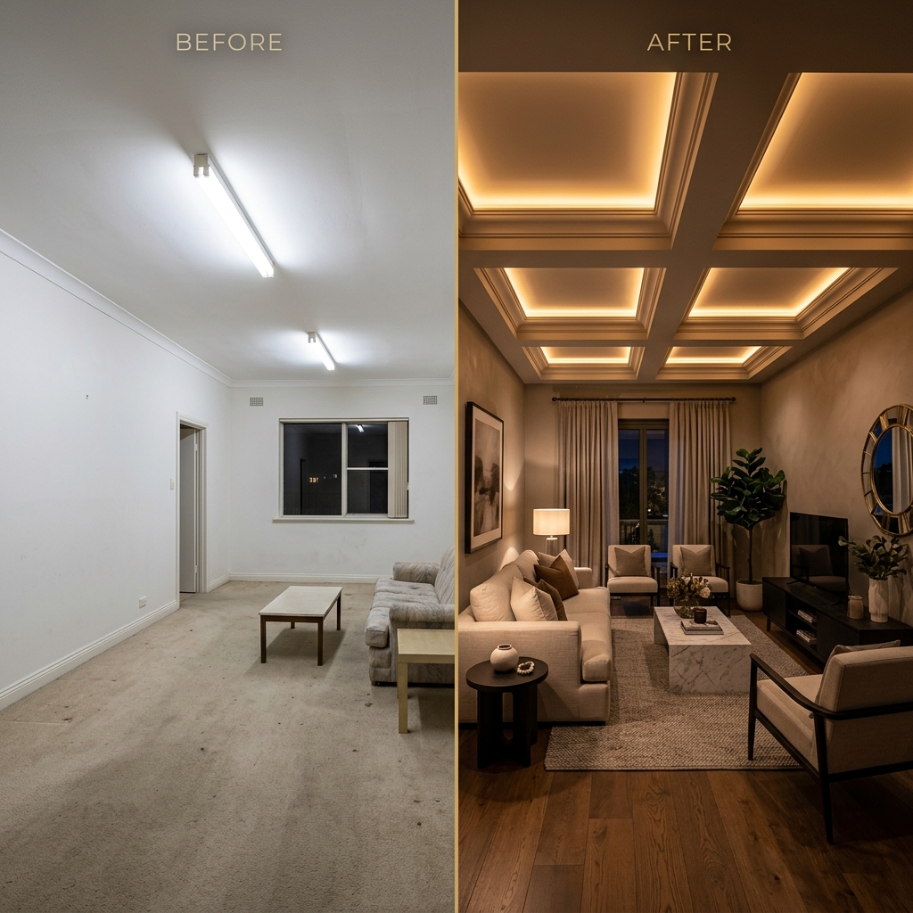 Before and after — a room transformed by a modern layered gypsum ceiling with warm amber LED architectural lighting by Dalens Furnitures in Mpeketoni